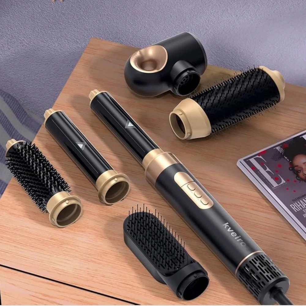 NEW! 6 in 1 Hot Air Brush & Hair Dryer with Auto Wrap Curlers Black Gold
